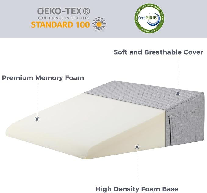 Bed Wedge Pillow for Sleeping 7.5" Memory Foam Wedge Pillow for After Surgery Triangle Pillow Wedge for Acid Reflux Snoring Heartburn GERD Back Support Leg Elevation, Removable Washable Cover - Gray - LeafyLoom