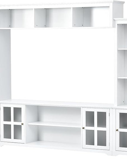 Merax Minimalism Style Entertainment Wall Unit with Bridge, Multifunctional TV Stand with Tempered Glass Door Modern Console Table for Televisions Up to 70”, 104.3 inch Length, White - LeafyLoom