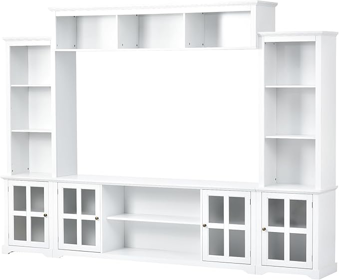 Merax Minimalism Style Entertainment Wall Unit with Bridge, Multifunctional TV Stand with Tempered Glass Door Modern Console Table for Televisions Up to 70”, 104.3 inch Length, White - LeafyLoom