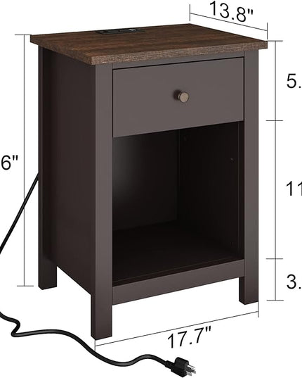 ChooChoo Nightstand with Charging Station, Wooden Top Bedside Table with Drawer and Storage Space for Bedroom, Espresso - LeafyLoom