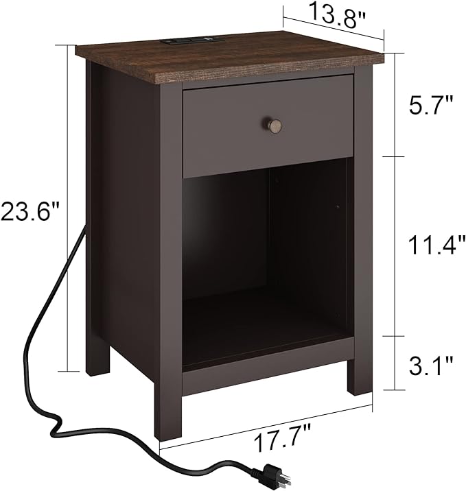 ChooChoo Nightstand with Charging Station, Wooden Top Bedside Table with Drawer and Storage Space for Bedroom, Espresso - LeafyLoom