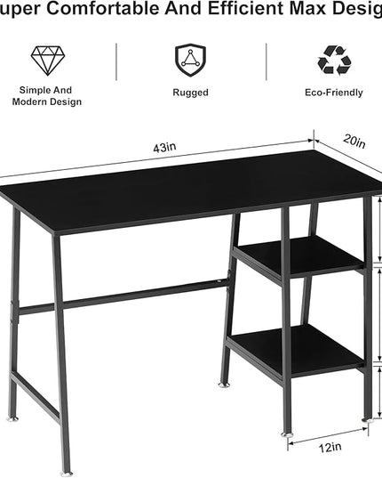 VECELO 43 Inch Computer Desk Writing Study Work Office Table Modern desk with shelves wooden desk for Home Bedroom,Black Desk - LeafyLoom