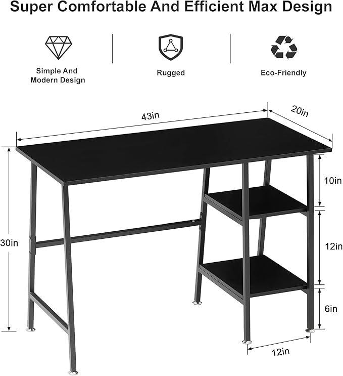 VECELO 43 Inch Computer Desk Writing Study Work Office Table Modern desk with shelves wooden desk for Home Bedroom,Black Desk - LeafyLoom