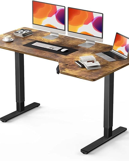 Electric Standing Desk, Height Adjustable Sit Stand up Desk, L-Shaped Memory Home Office Desk With Hook, 55 x 34 inch, Rustic - LeafyLoom