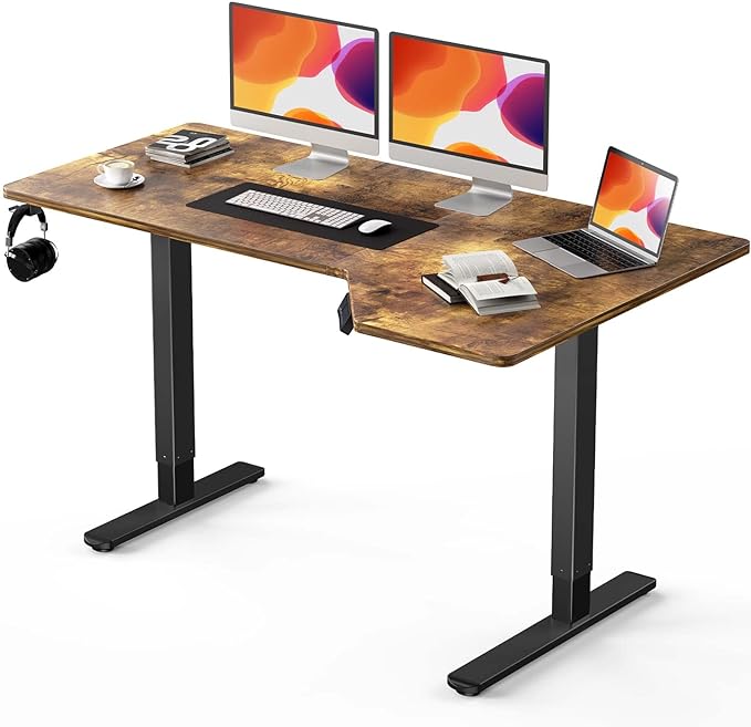 Electric Standing Desk, Height Adjustable Sit Stand up Desk, L-Shaped Memory Home Office Desk With Hook, 55 x 34 inch, Rustic - LeafyLoom