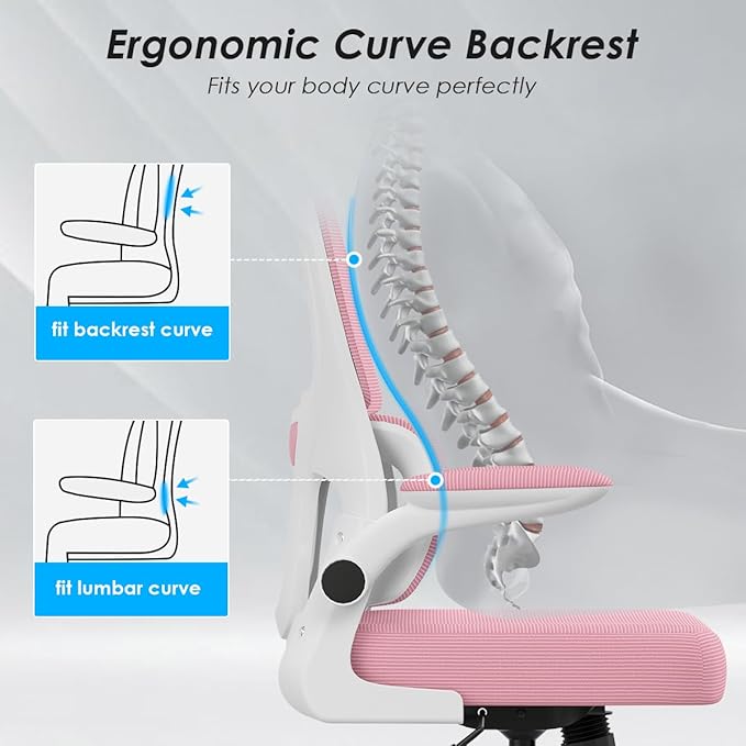 Soohow Ergonomic Home Office Chair, Mesh Desk Chair with Lumbar Support, Comfy Computer Desk Chair with Flip Armrest Rolling Wheels, Adjustable Headrest, Pink. - LeafyLoom