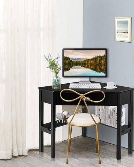 Nightcore Small, Wood Computer Desk, Compact Writing w/Drawer & Storage Shelves, Space Saving Study Workstation, Laptop PC Corner Table, Black - LeafyLoom