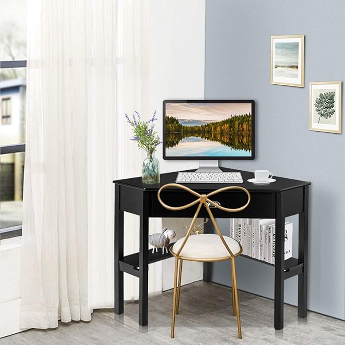 Nightcore Small, Wood Computer Desk, Compact Writing w/Drawer & Storage Shelves, Space Saving Study Workstation, Laptop PC Corner Table, Black - LeafyLoom