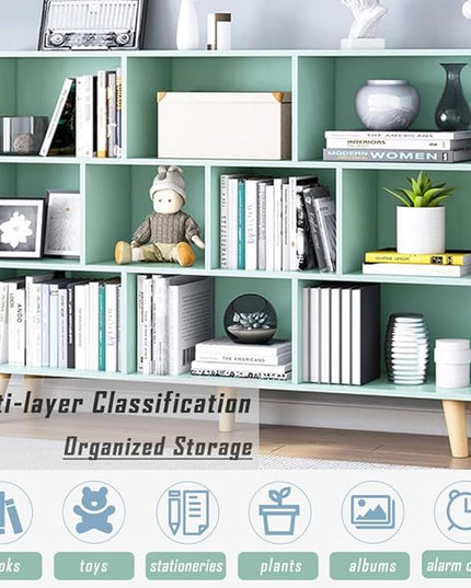IOTXY Wooden Open Shelf Bookcase - 3-Tier Floor Standing Display Cabinet Rack with Legs, 10 Cubes Kids Bookshelf, Tiffany-Green - LeafyLoom