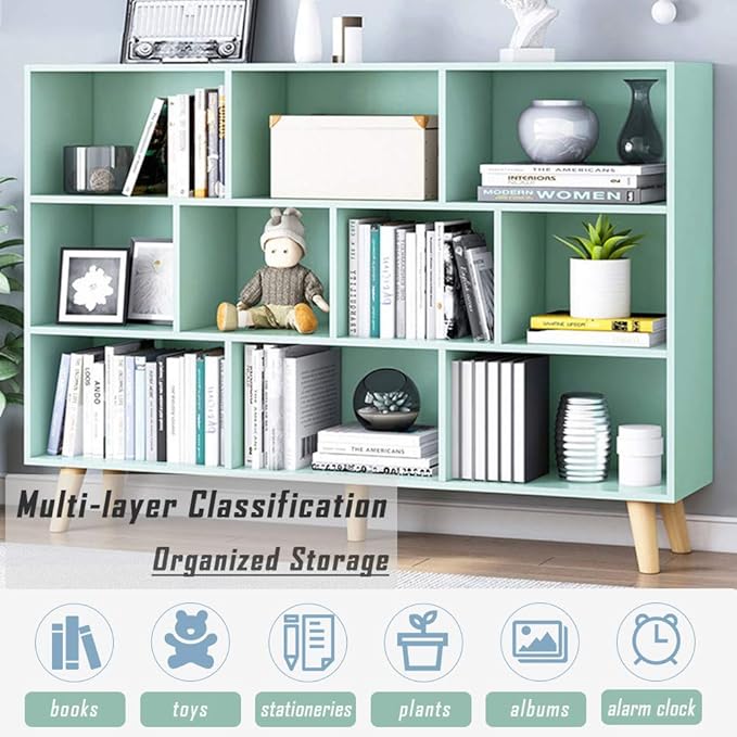 IOTXY Wooden Open Shelf Bookcase - 3-Tier Floor Standing Display Cabinet Rack with Legs, 10 Cubes Kids Bookshelf, Tiffany-Green - LeafyLoom