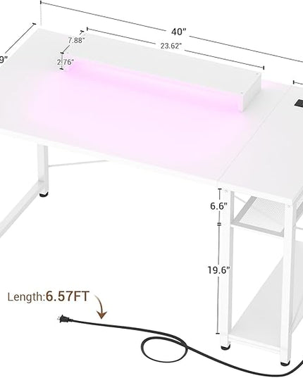 armocity Computer Desk with LED Lights, Gaming Desk with Power Outlet and USB, 40 Reversible Laptop Table with Moveable Monitor Stand, Small Desk for Small Spaces, Office, Gaming Room, White - LeafyLoom