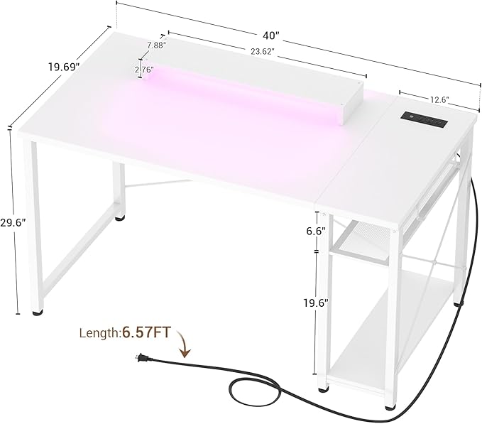 armocity Computer Desk with LED Lights, Gaming Desk with Power Outlet and USB, 40 Reversible Laptop Table with Moveable Monitor Stand, Small Desk for Small Spaces, Office, Gaming Room, White - LeafyLoom