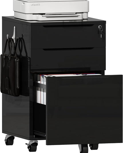 ChooChoo High Glossy File Cabinet with Lock,3 Drawer Rolling Filing Cabinet Fits Legal Size/A4/Letter, Under Desk File Cabinet with Hook for Home Office, Black - LeafyLoom