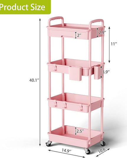 4 Tier Small Rolling Cart Organizer,Art Craft Diaper Bedside Snack Cart Laundry Room Bathroom Organizer Narrow Thin Slim Rolling Trolley Utility Cart with Wheels for Kitchen,Office(Pink) - LeafyLoom