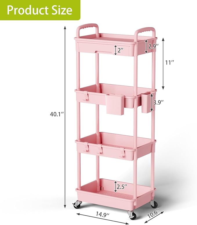 4 Tier Small Rolling Cart Organizer,Art Craft Diaper Bedside Snack Cart Laundry Room Bathroom Organizer Narrow Thin Slim Rolling Trolley Utility Cart with Wheels for Kitchen,Office(Pink) - LeafyLoom