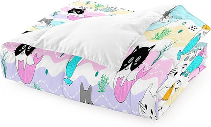 Cat Twin Bedding Set 2Pcs - Cartoon Mermaid Tail Cat Twin Comforter Set for Girls Bedroom Ultra Soft Warm Kitty Comforter Set for Girls Room Decor with 1 Cat Comforter and 1 Pillowcase, Twin Size - LeafyLoom