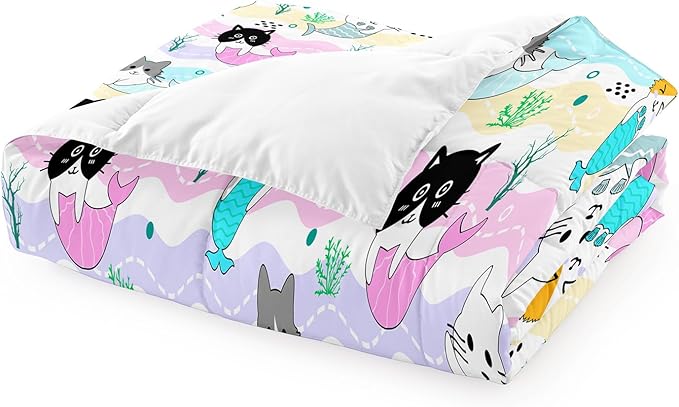 Cartoon Cat Comforter Set for Girls - Full Size Girls Cat Bedding Set for Bedroom Ultra Soft Warm Cute Mermaid Tail Cat Patterns Comforter Set for All-Season, 1 Comforter with 2 Pillowcases - LeafyLoom