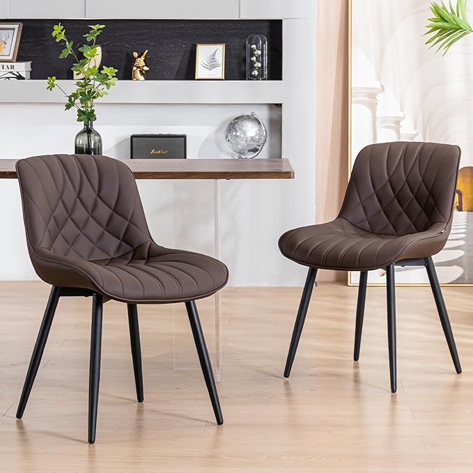 YOUNUOKE Dining Chairs Set of 2 Mid Century Modern Kitchen Chair Comfortable Upholstered Faux Leather Dinner Chairs for Kitchen Dining Room, Brown - LeafyLoom