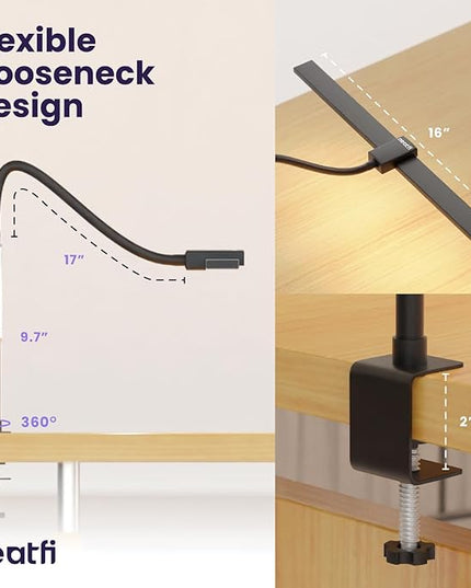 Neatfi Modern Desk Lamp with Clamp, Touch & Remote Controlled, 15W, Adjustable Color Temperature (3000K-6000K), Stepless Dimming, Flicker-Free, Wide-Angle Lighting for Home (Gooseneck, Black) - LeafyLoom