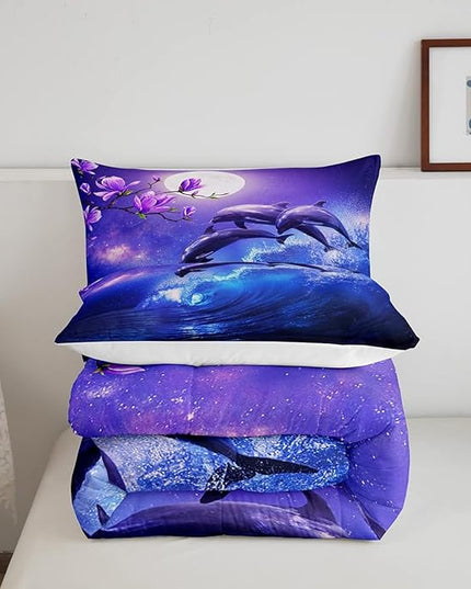 Erosebridal Galaxy Dolphin Comforter Set Full,Coastal Ocean Waves Comforter Sky Starry Moon Stars Cherry Blossoms Bedding Set for Girls Teen yough women Sea Animal Quilted Duvet Purple Blue 3 Pcs - LeafyLoom