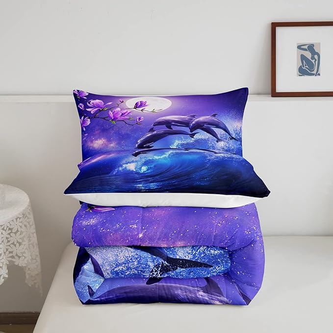 Erosebridal Galaxy Dolphin Comforter Set Full,Coastal Ocean Waves Comforter Sky Starry Moon Stars Cherry Blossoms Bedding Set for Girls Teen yough women Sea Animal Quilted Duvet Purple Blue 3 Pcs - LeafyLoom