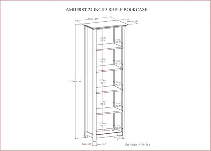 SIMPLIHOME Amherst SOLID WOOD Transitional 5 Shelf Bookcase for The Living, Study Room and Office, 24 inch, Hickory Brown - LeafyLoom