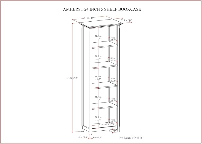 SIMPLIHOME Amherst SOLID WOOD Transitional 5 Shelf Bookcase for The Living, Study Room and Office, 24 inch, Hickory Brown - LeafyLoom