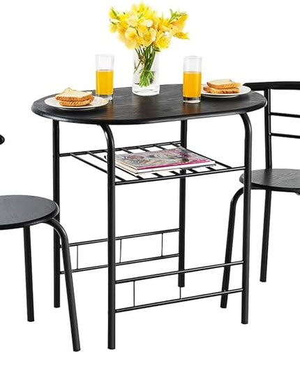 LUARANE 3 Piece Dining Table Set, Small Dining Table for 2 w/Metal Frame & Wine Rack, Breakfast Nook Table Set for Home Bistro Pub Apartment Kitchen Dining Room Cafe (Black) - LeafyLoom