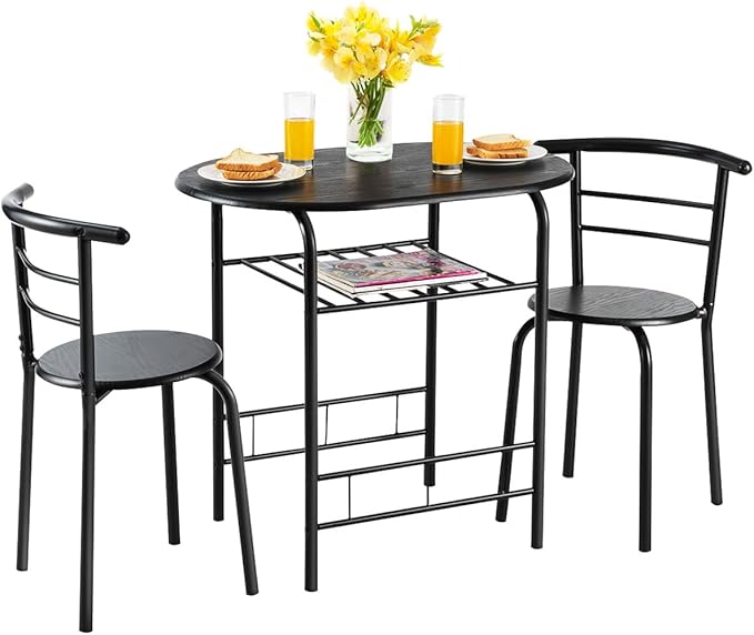 LUARANE 3 Piece Dining Table Set, Small Dining Table for 2 w/Metal Frame & Wine Rack, Breakfast Nook Table Set for Home Bistro Pub Apartment Kitchen Dining Room Cafe (Black) - LeafyLoom