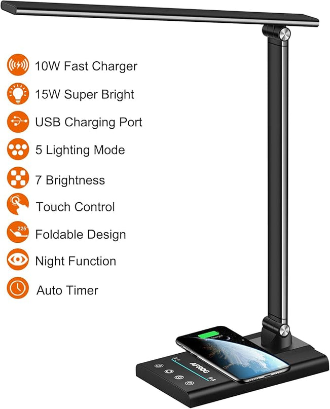 AFROG 5th Gen Multifunctional LED Desk Lamp with 10W Fast Wireless Charger, USB Charging Port,1800Lux Super Bright,5 Lighting Mode,7 Brightness, Touch Control, Auto Timer, 15W Office Table Lamp - LeafyLoom