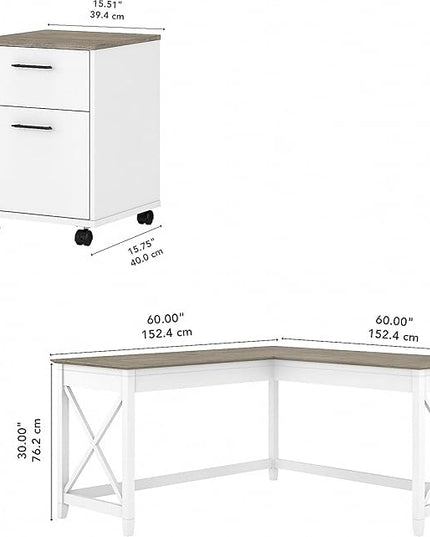 Bush Furniture Key West 60W L Shaped Desk with 2 Drawer Mobile File Cabinet in Pure White and Shiplap Gray - LeafyLoom