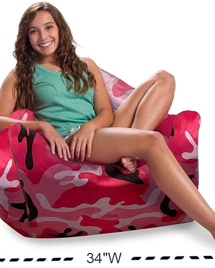 Posh Creations Structured Comfy Bean Bag Chair for Gaming, Reading and Watching TV, Malibu Lounge, Nylon - Camo Pink and Black - LeafyLoom