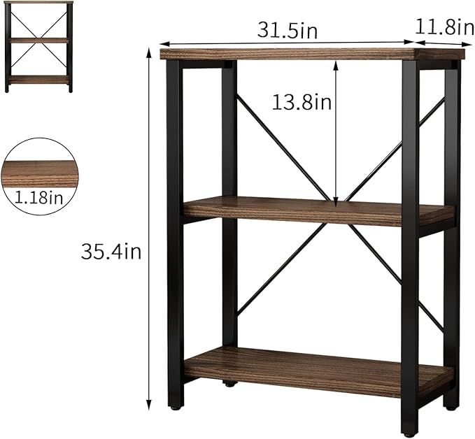 3 Tier Industrial Solid Wood Bookcases, Open Etagere Bookshelf with Metal Frame, Rustic Wood and Metal Shelving Storage Organizer for Living Room Book shelves Furniture (AY01-3tier) - LeafyLoom