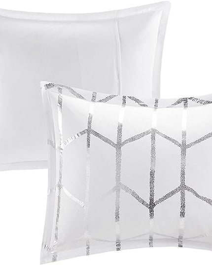 Intelligent Design Raina Twin / Twin XL Comforter Set, Soft Microfiber Comforter Set Twin, Modern Geometric Metallic Bed Set, 4 Pieces College Bedding Comforter Set with 1 Sham, 2 Toss Pillows White - LeafyLoom