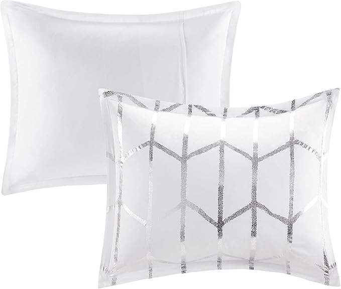 Intelligent Design Raina Twin / Twin XL Comforter Set, Soft Microfiber Comforter Set Twin, Modern Geometric Metallic Bed Set, 4 Pieces College Bedding Comforter Set with 1 Sham, 2 Toss Pillows White - LeafyLoom