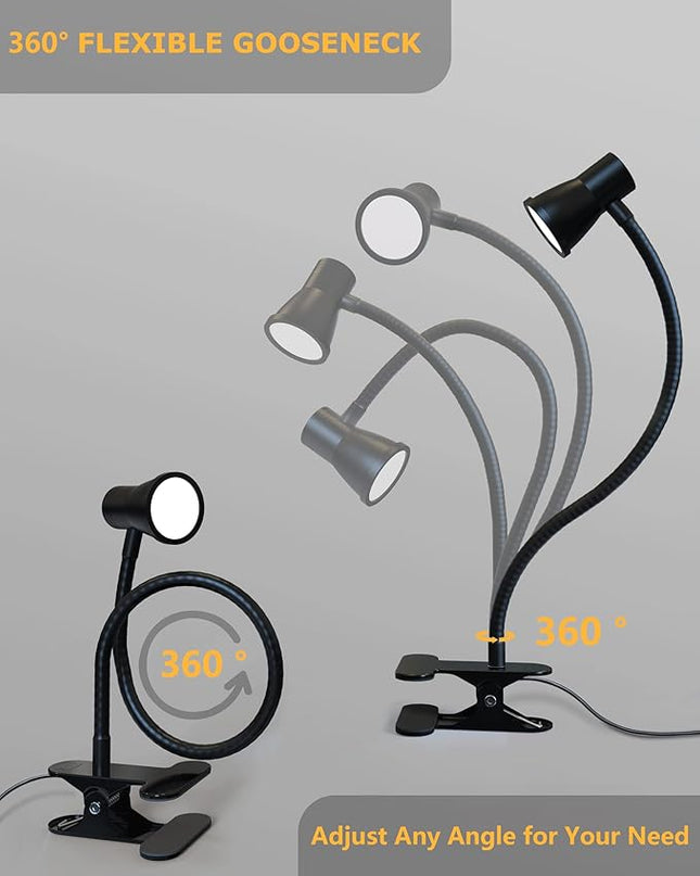 Clip on lamp for Bed Headboard with Clamp for Reading, Small Clip on Light for Desk or Bedside, Flexible Gooseneck Small Clamp Light has 3 Color Modes 10 Brightness.(Black) - LeafyLoom