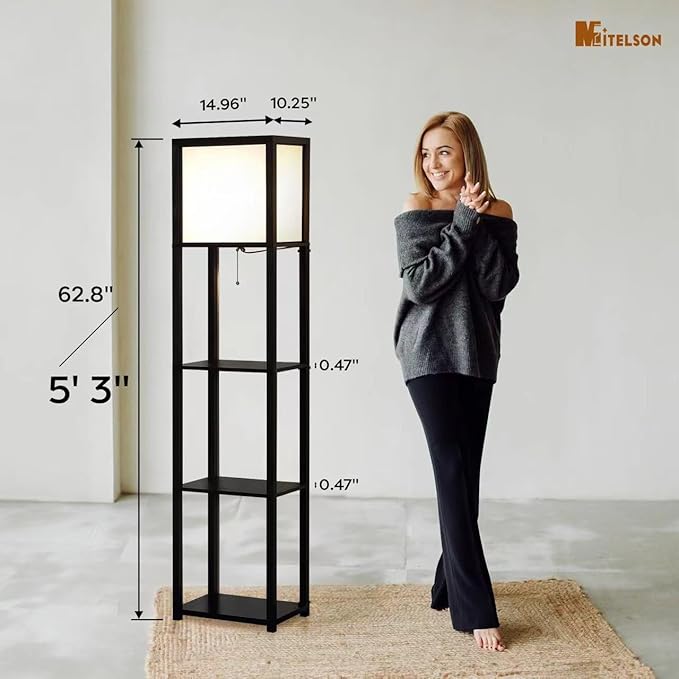 Floor Lamp with Shelves, 4-Tier Modern Shelf Floor Lamp, Corner Display Floor Lamp, Shelf Lamp with LED Bulb for Living Room, Bedroom and Office - Black - LeafyLoom