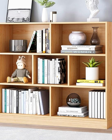 IOTXY Open Shelf Low Bookcase - Wooden 3-Tier Floor Standing Display Cabinet Organizer with Base, 7 Cubes Short Horizontal Bookshelf in Pear Yellow - LeafyLoom