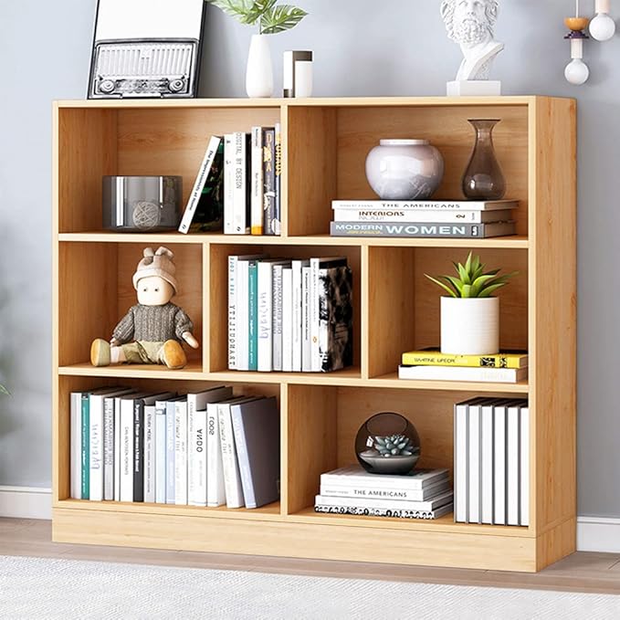 IOTXY Open Shelf Low Bookcase - Wooden 3-Tier Floor Standing Display Cabinet Organizer with Base, 7 Cubes Short Horizontal Bookshelf in Pear Yellow - LeafyLoom