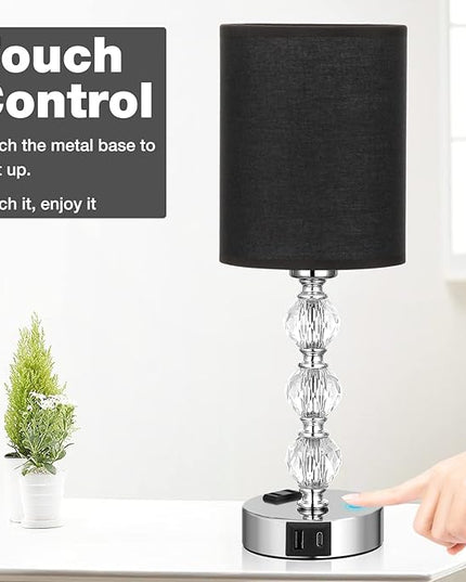Black Touch Bedside Lamps for Bedrooms - Crystal Table Lamp with USB C+A Charging Port and AC Outlet Nightstand, 3 Way Dimmable Silver Small End Side Table Lamp for Living/Guest/Dinning Room/Kitchen - LeafyLoom