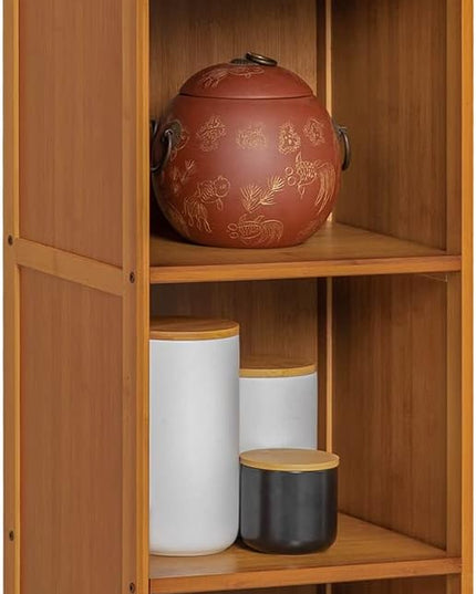 MoNiBloom Narrow Bookcase Bamboo 4 Tier Free Standing Tall Bookshelf Display Storage Shelves Collection Décor Furniture for Home Living Room Study Room, Brown - LeafyLoom