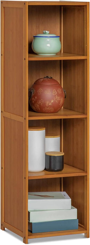 MoNiBloom Narrow Bookcase Bamboo 4 Tier Free Standing Tall Bookshelf Display Storage Shelves Collection Décor Furniture for Home Living Room Study Room, Brown - LeafyLoom