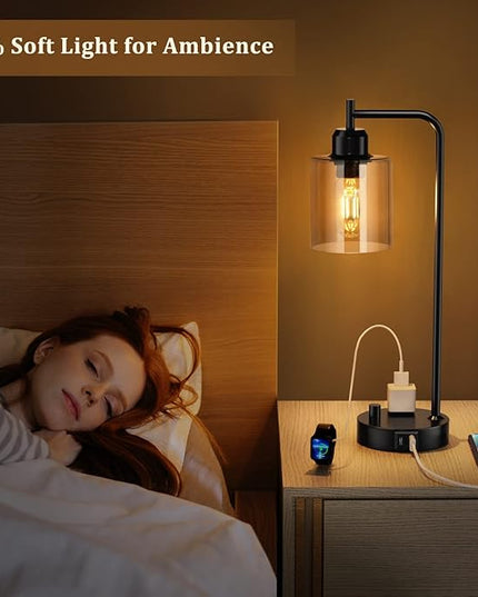 Industrial Bedside Desk Lamps for Bedroom - Grey Smoked Glass Shade Table Lamp with USB C Port, Fully Dimmable Small Lamps with USB Port and Outlet, Reading Nightstand Lamps for Office Living Room - LeafyLoom