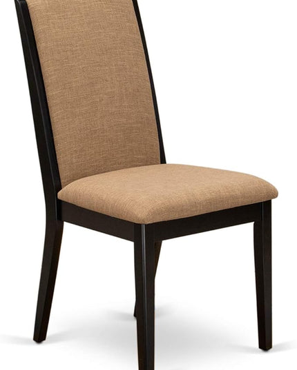 East West Furniture ESLA3-BCH-47 Eden 3 Piece Modern Dining Set Contains a Round Wooden Table with Pedestal and 2 Light Sable Linen Fabric Upholstered Chairs, 30x30 Inch, Black & Cherry - LeafyLoom