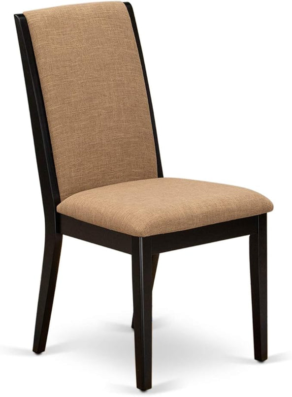 East West Furniture ESLA3-BCH-47 Eden 3 Piece Modern Dining Set Contains a Round Wooden Table with Pedestal and 2 Light Sable Linen Fabric Upholstered Chairs, 30x30 Inch, Black & Cherry - LeafyLoom