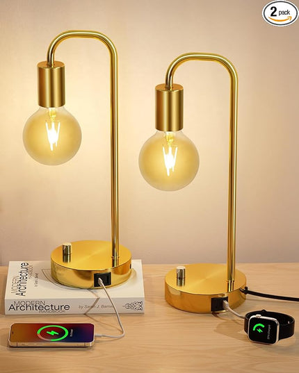 Industrial Table Lamp Set of 2 with USB A&C Charging Port, Stepless Dimmable Nightstand Bedside Lamps for Bedroom,Desk Lamps with 2700K Gold Gradient Bulb for Reading Living Room - LeafyLoom