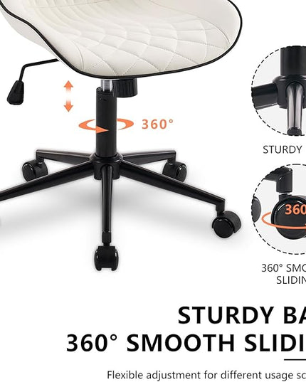 YOUNIKE Office Chair with Wheels Armless Desk Chair Swivel Rolling Task Chair with Back Upholstered Faux Leather Computer Chair Height Adjustable Modern Ergonomic Wide Seat White - LeafyLoom