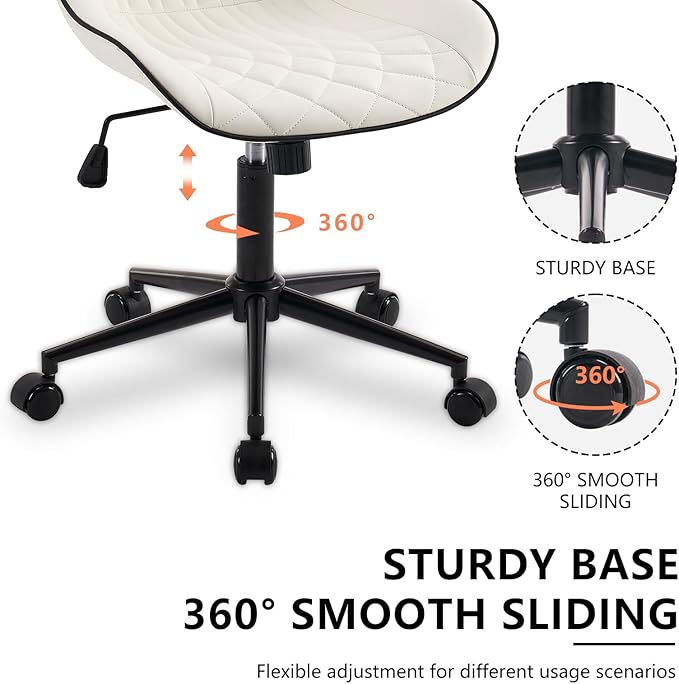 YOUNIKE Office Chair with Wheels Armless Desk Chair Swivel Rolling Task Chair with Back Upholstered Faux Leather Computer Chair Height Adjustable Modern Ergonomic Wide Seat White - LeafyLoom