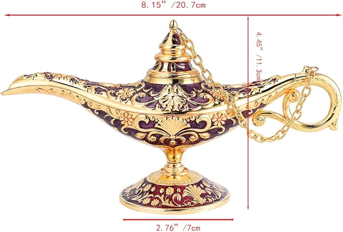 Classic Aladding Magic Genie Lamp Legend Wishing Light Costume Lamp Metal Carved Cone Incense Burner for Home Tabletop Decoration Party Birthday Halloween Christmas(Dark Purple) - LeafyLoom