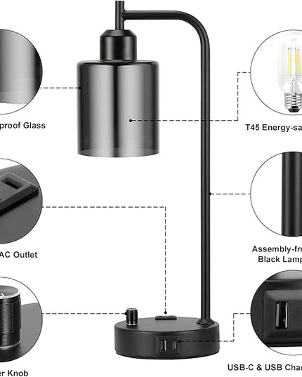 Industrial Desk Lamps for Office Set of 2 - Fully Dimmable Bedside Lamps with USB A C Ports and Outlet, Black Nightstand Lamps with Grey Glass Shade for Living Room, Table Lamps for Bedrooms Reading - LeafyLoom
